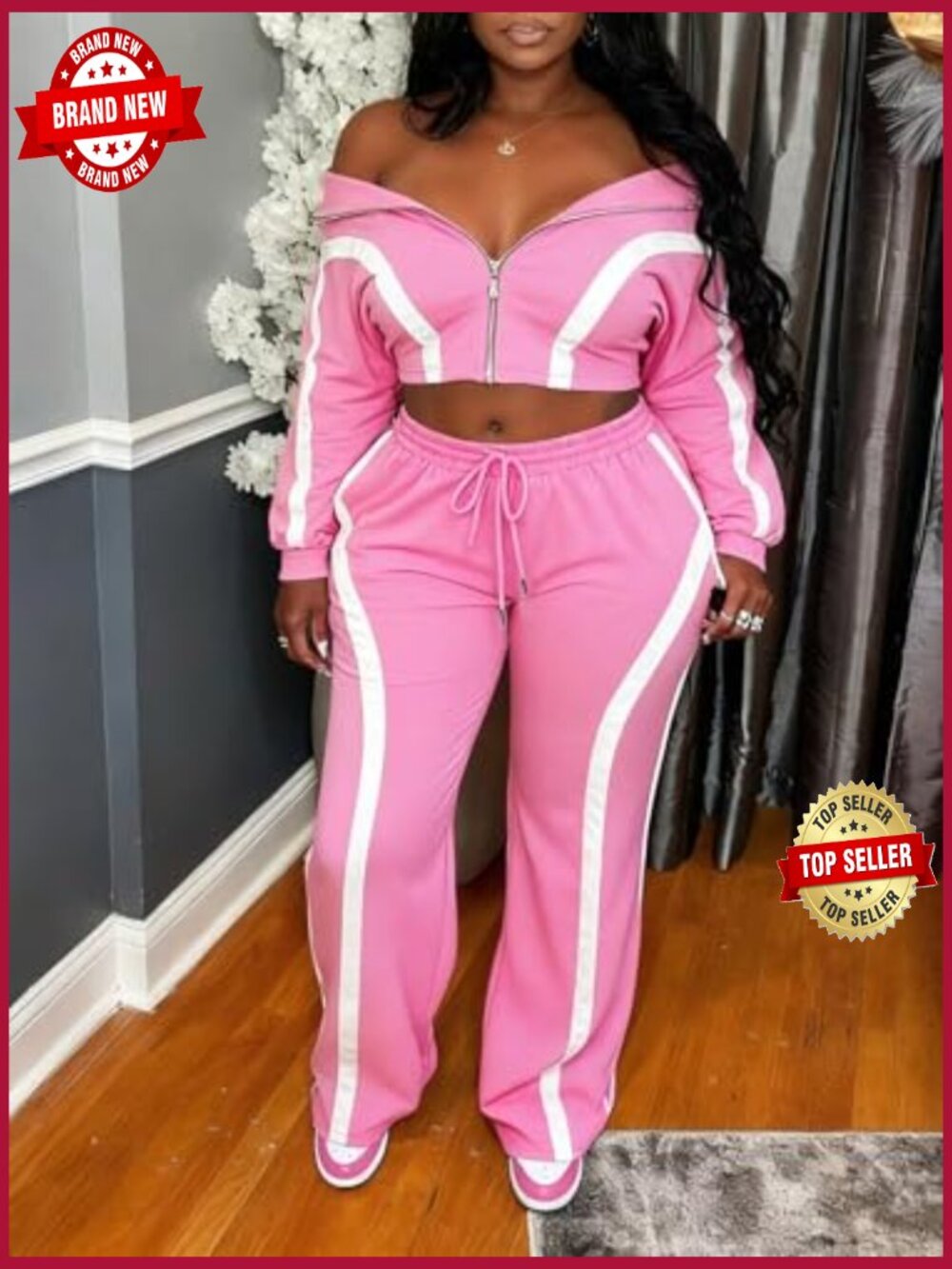 Striped 2 Piece Tracksuit Zip Up Jacket Wide Leg Pants Set - Picture 2 of 7